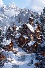 Alpine town located near high mountains. Generated AI