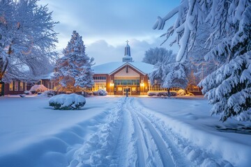 Fototapeta premium The high school, cloaked in snow, glows with warm lights, fostering community and warmth within.
