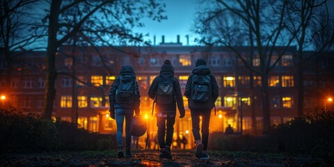 Silhouetted middle school students leaving at dusk, the school lights glowing warmly, marking the...