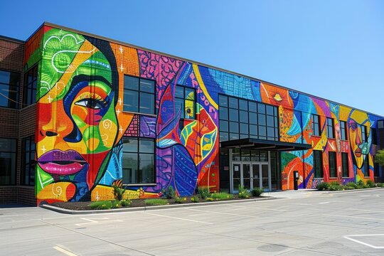 The high school building showcases vibrant murals, embodying student creativity and cultural richness. - Powered by Adobe