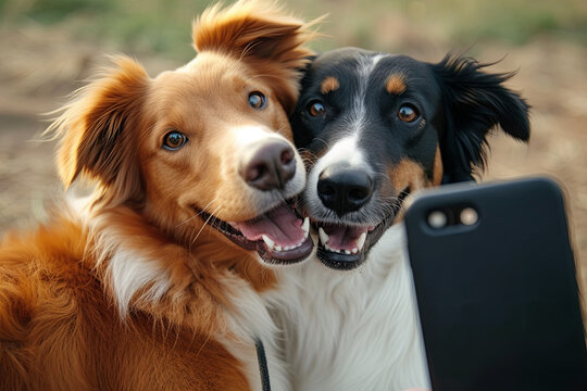A couple of dogs take a selfie together with a smartphone