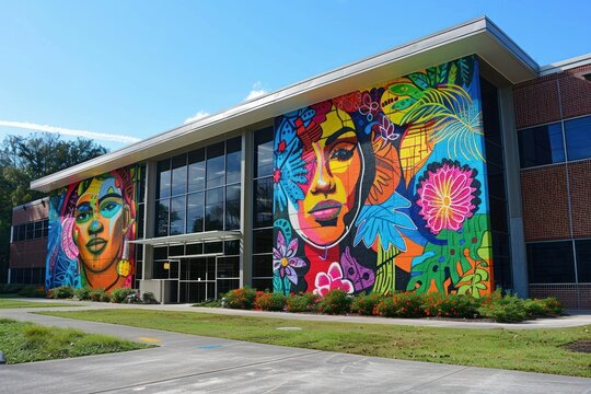 Vibrant murals on the high school building showcase the diverse and creative student body spirit.