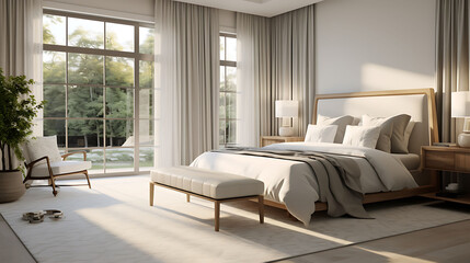 Fototapeta na wymiar An image of a luxury bedroom with a wall of windows and custom drapes.