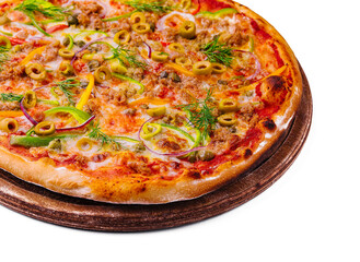 Fresh tuna pizza on a wooden board isolated