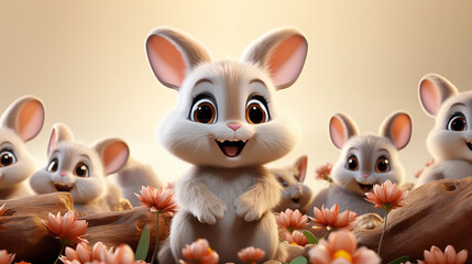 Group of cute bunnies easter with flowers cartoon