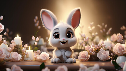 cartoon cute bunny easter with flowers