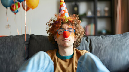 Boring young man wearing clowns nose, glasses and party hat sitting on sofa April Fool's Day 