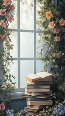World Book day with stack book In window background. Copy space area on side. Plant and flower. Happy World Book Day. 