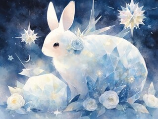 A godly rabbit, fur shimmering with stardust, gazes solemnly, its aura radiating ancient wisdom and magic