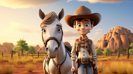 3D cowboy in uniform with hat riding a horse