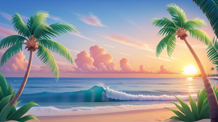 Fototapeta na wymiar beach and sunset background in fairy tale style