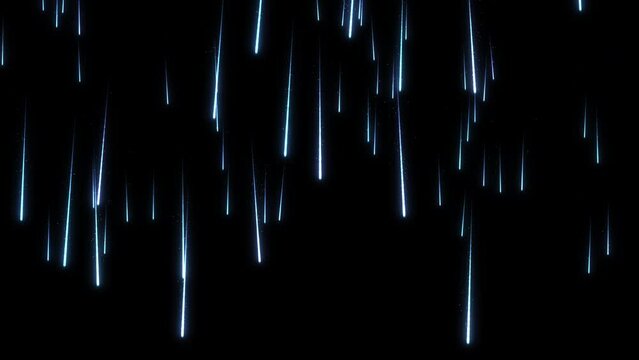 Falling stars with particles around in black background, animation, 4K, 25fps