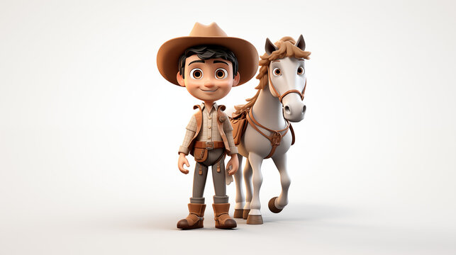 3D cowboy in uniform with hat riding a horse isolated in white background
