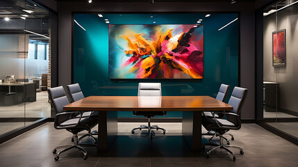 An office conference room with a glass table and abstract glass artwork.