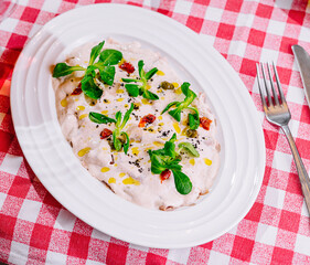 salad with seafood on top view