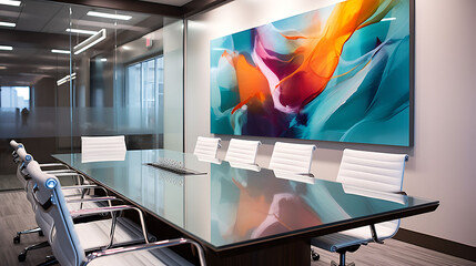 An office conference room with a glass table and abstract glass artwork. - obrazy, fototapety, plakaty