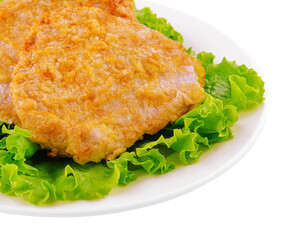 Fried chicken chop on lettuce leaves