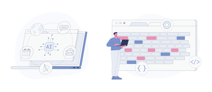 AI Technology and Programming. Flat Cartoon Vector Illustration. Vector illustration, suitable for web landing page, ui, mobile app.