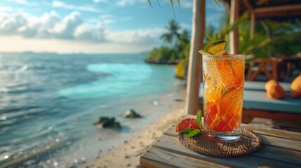 A drink sitting on top of a wooden table next to the ocean