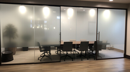 An office conference room with frosted glass doors for privacy. - obrazy, fototapety, plakaty
