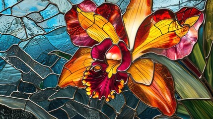 enchanting stained glass art portrayal of an orchid, exploring exotic hues and intricate patterns...