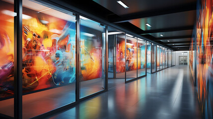An office corridor with glass walls and digital artwork displays.