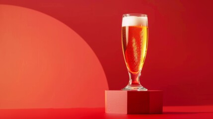 A glass of beer on a podium on a red background. Yellow liquid with bubbles and foam in a glass.