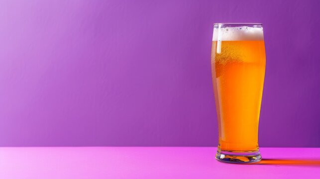 A glass of beer on a purple background. Yellow liquid with bubbles and foam in a glass.