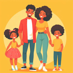 Happy black african american family, mom and dad, daughter and son, together, hugging and smiling, lifestyle. Illustration on a yellow background
