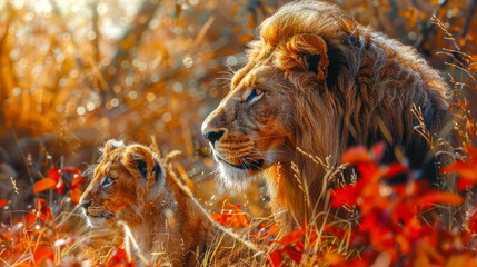 This photo shows adult lion and lion cub looking into distance, surrounded by colorful fall...