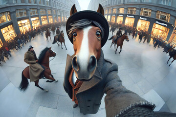 A horse in a coat and suit takes a selfie on a smartphone in a shopping center among other horses. - obrazy, fototapety, plakaty