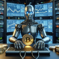 A robot behind a computer mines bitcoins and makes electronic payments.