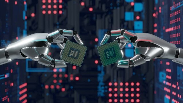 Robot hand hold computer chip for semiconductor and AI industry, 3d rendering