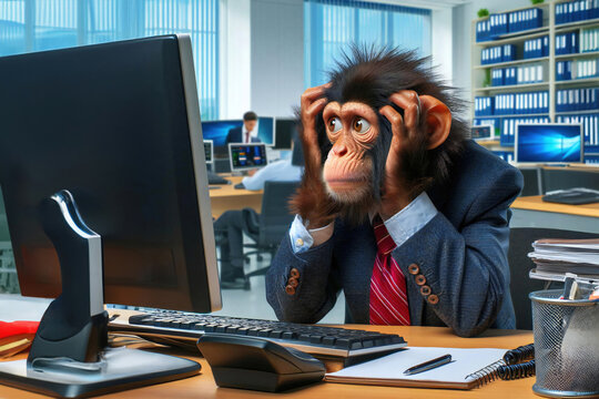 A monkey in a suit in the office at the computer does not know what to do and does not keep up with the work.