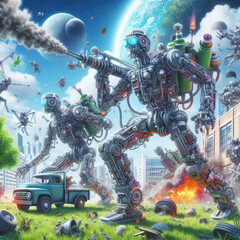The robot cleans the earth of debris and pollution. Ecology and planet pollution concept.