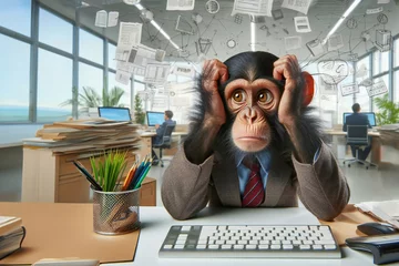 Foto auf Leinwand A monkey in a suit in the office at the computer does not know what to do and does not keep up with the work. © andov