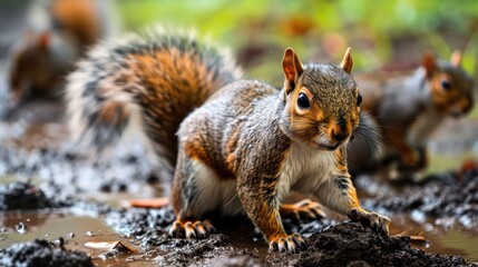 Fototapeta premium entertaining scene of playful squirrels rolling in the mud, capturing their bushy tails and agile movements