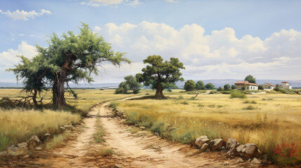 Photorealistic photo countryside Landscape, Painting, Serene Environment, Soft Natural Lighting, Calm Mood.