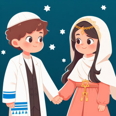 Cute couple of jewish lovers in national clothes, on the background of the starry sky, israeli couple of children, cartoon illustration, flat style