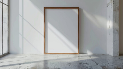 A single, minimalist oak wooden frame standing elegantly on the floor, leaning against a blank wall, embodying simplicity and style.