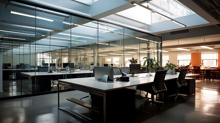 An office workspace with glass partitions and ergonomic glass desks.