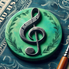 The green color music key, treble clef lies on the dolar, the concept of music rights, money against music