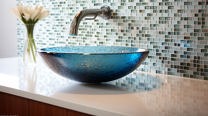A bathroom with a glass mosaic accent wall and a glass vessel sink.