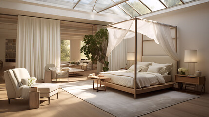 A bedroom with a skylight for natural light and a modern canopy bed. - obrazy, fototapety, plakaty
