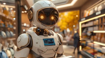 Fototapeta premium a futuristic store/shopping mall. A robot salesperson with a humanoid appearance is politely communicating with a customer