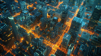 Aerial view of a city at dusk, illuminated by lights powered by a smart grid integrating multiple alternative energy sources, managed by AI technology, reflecting a blend of technology and urban life.