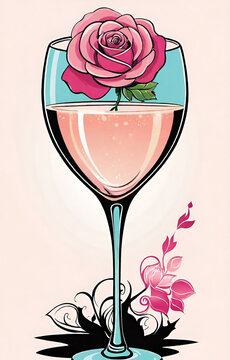 pink rose with a glass of wine
