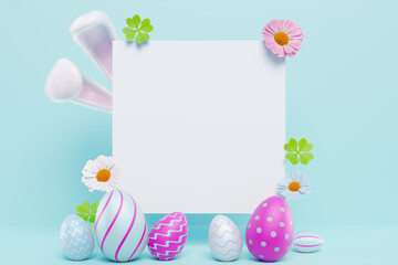 Easter composition.Eggs and bunny ears place for text. 3d rendering
