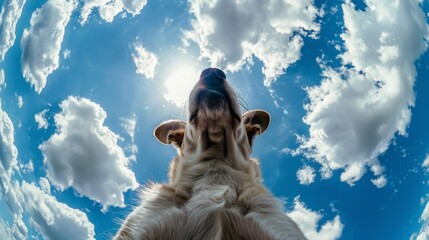 Bottom view of a dog against the sky. An unusual look at animals.  - obrazy, fototapety, plakaty