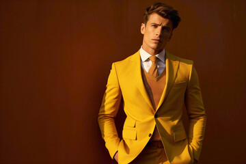 Stylish male model wearing a trendy mustard yellow suit, standing with charm against a pristine terracotta-colored background.